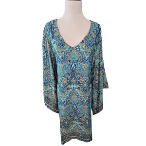White Waves Blue Paisley V-Neck Kimono Sleeve Tunic Dress NWT Boho Kaftan